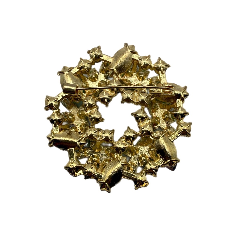 Gold Tone Green Rhinestone Wreath Brooch Pin Emerald Peridot Crystal - Picture 3 of 3